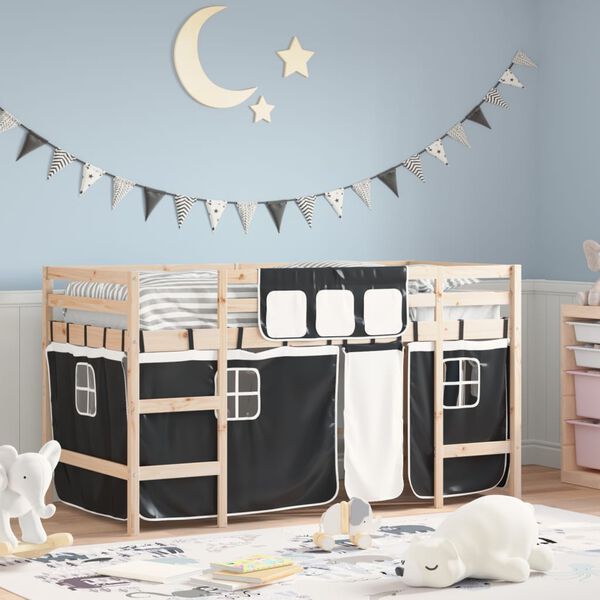 vidaXL Letto a Soppalco con Tende Bambini Bianco e Nero 80x200 cm Pino