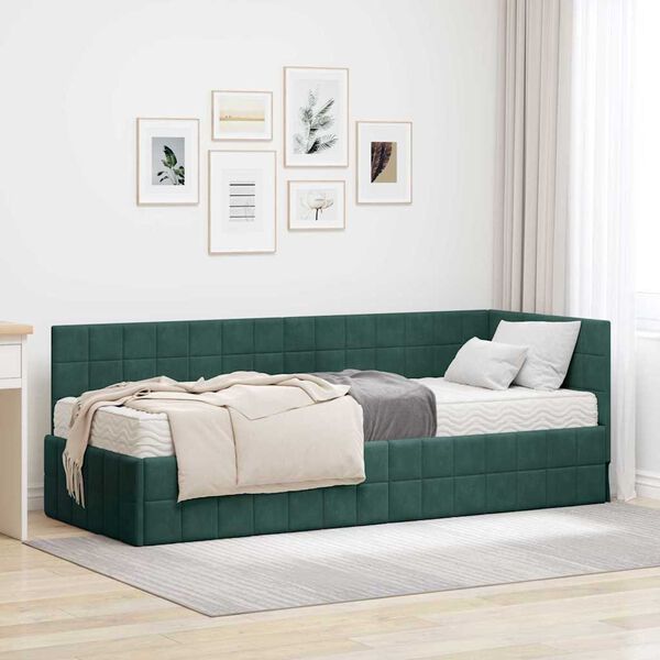 vidaXL Struttura Letto Angolare con Materasso 2 pcs Verde Velluto