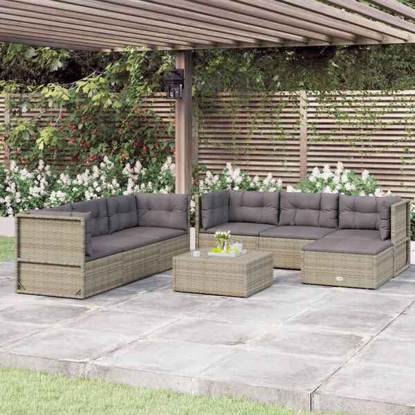 vidaXL Set Divani da Giardino 7 pz con Cuscini in Polyrattan Grigio