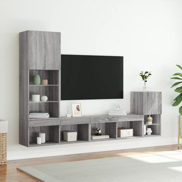 vidaXL Mobili TV a Muro con LED 4pz Grigio Sonoma in Legno Multistrato