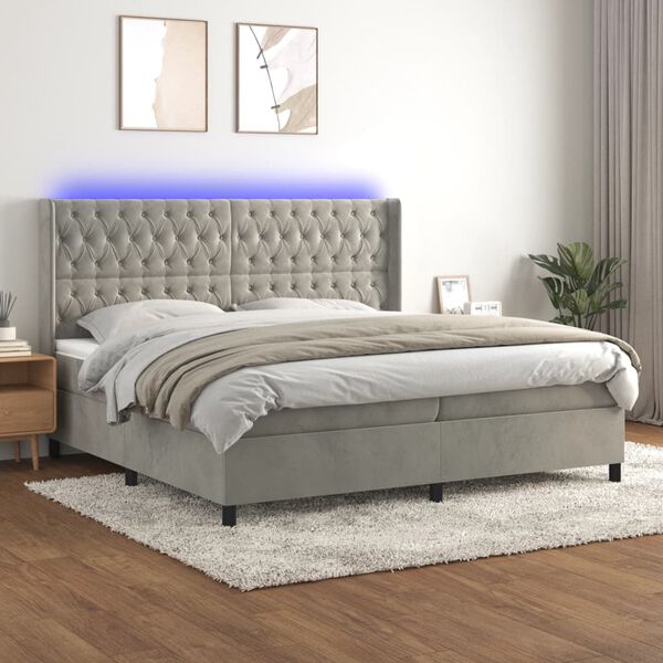 vidaXL Letto a Molle Materasso e LED Grigio Chiaro 200x200 cm Velluto