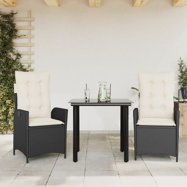 vidaXL Set da Pranzo da Giardino 3 pz con Cuscini Nero in Polyrattan