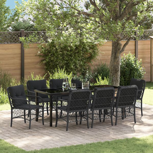 vidaXL Set da Pranzo per Giardino con cuscino 9 pcs Nero Poly Rattan