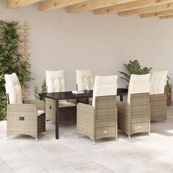 vidaXL Set da Pranzo per Giardino con cuscino 7 pcs Beige polyrattan