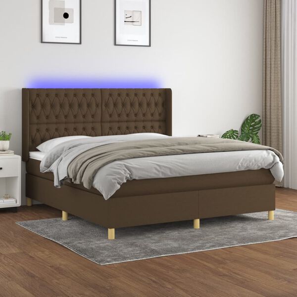vidaXL Letto a Molle Materasso e LED Marrone Scuro 160x200 cm Tessuto