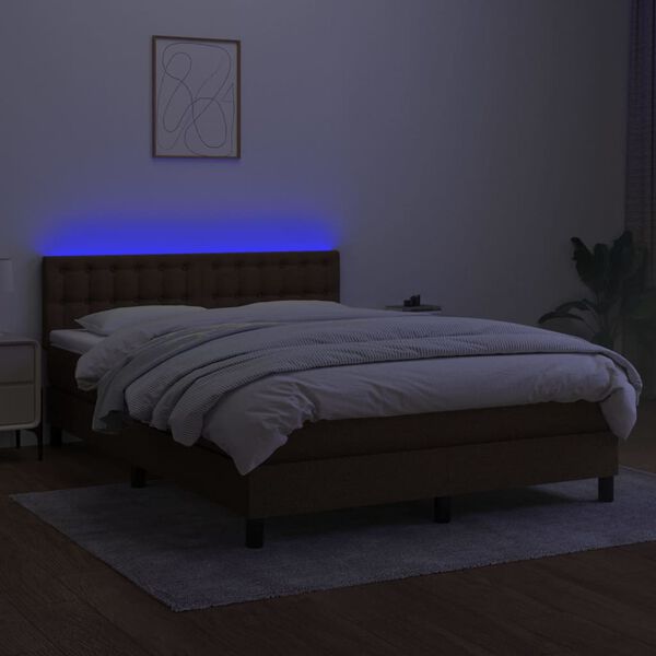 vidaXL Letto a Molle Materasso e LED MarroneScuro 140x190cm in Tessuto