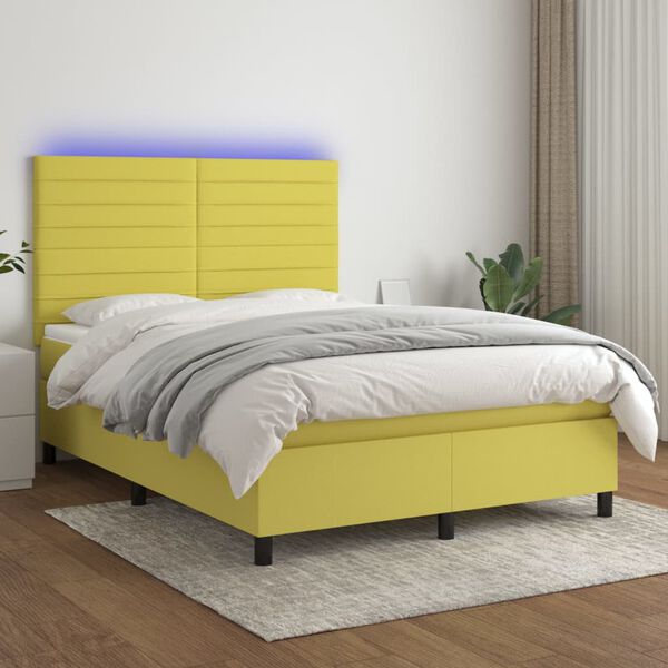 vidaXL Letto a Molle con Materasso e LED Verde 140x190 cm in Tessuto
