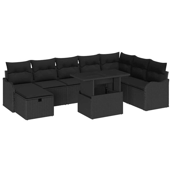 vidaXL Set Divano da Giardino con cuscino 9 pcs Nero Poly Rattan