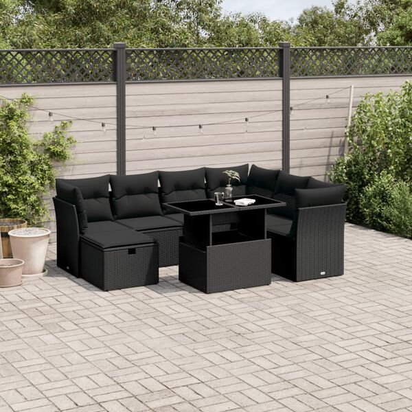 vidaXL Set Divani da Giardino con Cuscini 8 pz Nero in Polyrattan