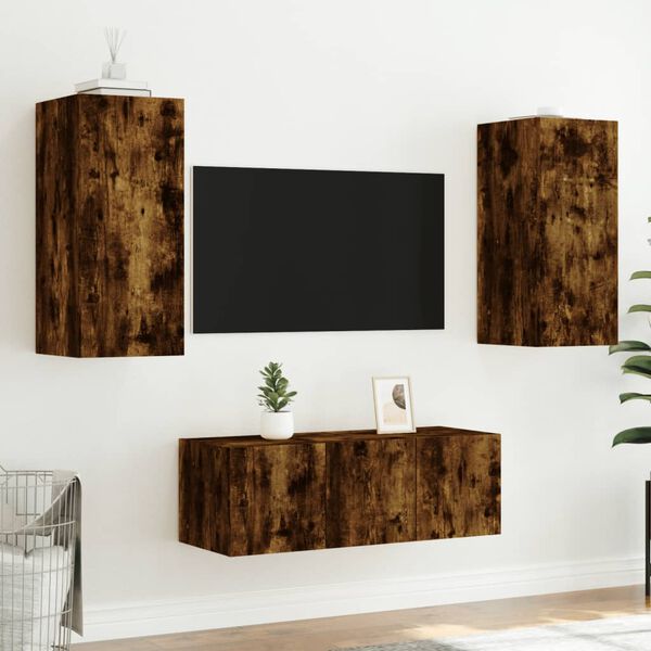 vidaXL Mobili TV a Muro con LED 4pz Rovere Fumo in Legno Multistrato