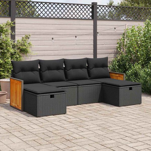 vidaXL Set Divano da Giardino 6 pz con Cuscini Nero in Polyrattan