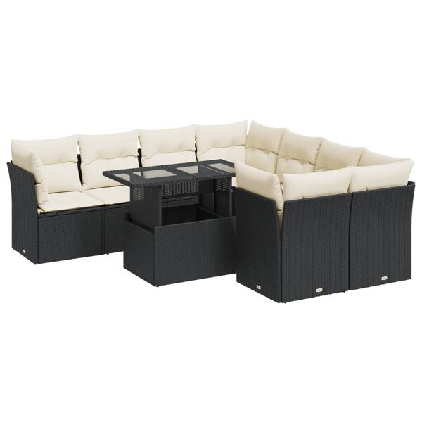vidaXL Set Divani da Giardino 9 pz con Cuscini Nero in Polyrattan