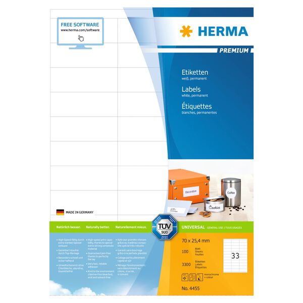 HERMA Etichette Permanenti PREMIUM A4 70x25,4 mm 100 Fogli