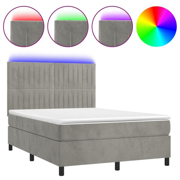 vidaXL Letto a Molle Materasso e LED Grigio Chiaro 140x200 cm Velluto