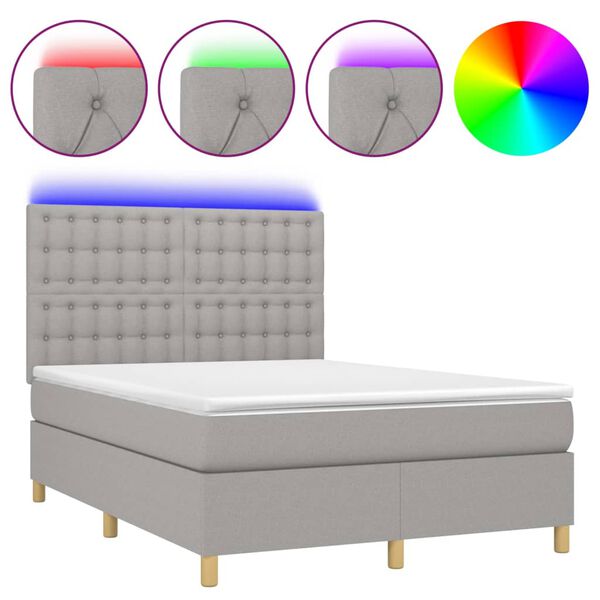 vidaXL Letto a Molle Materasso e LED Grigio Chiaro 140x200 cm Tessuto