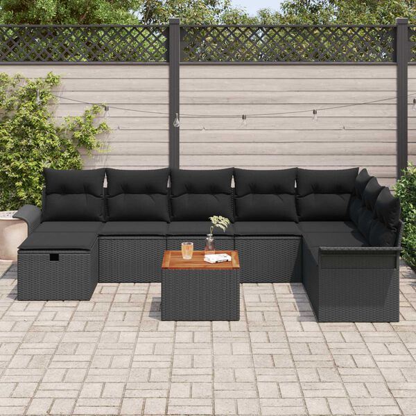 vidaXL Set Divano da Giardino con cuscino 9 pcs Nero polyrattan