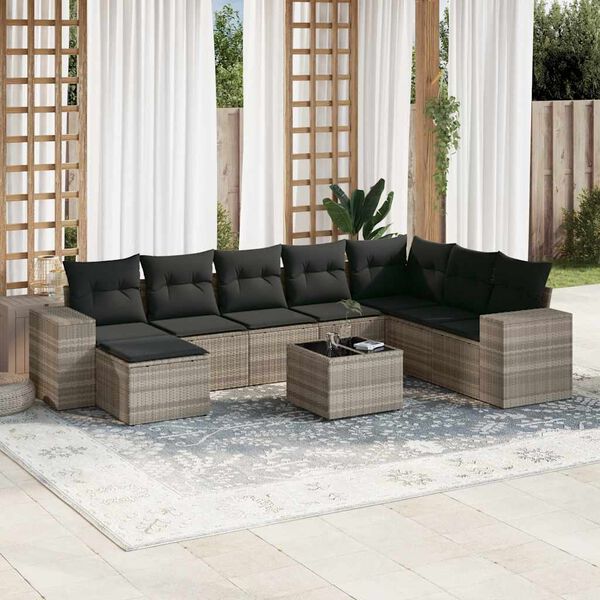 vidaXL Set Divano da Giardino 9pz con Cuscini Grigio Chiaro Polyrattan