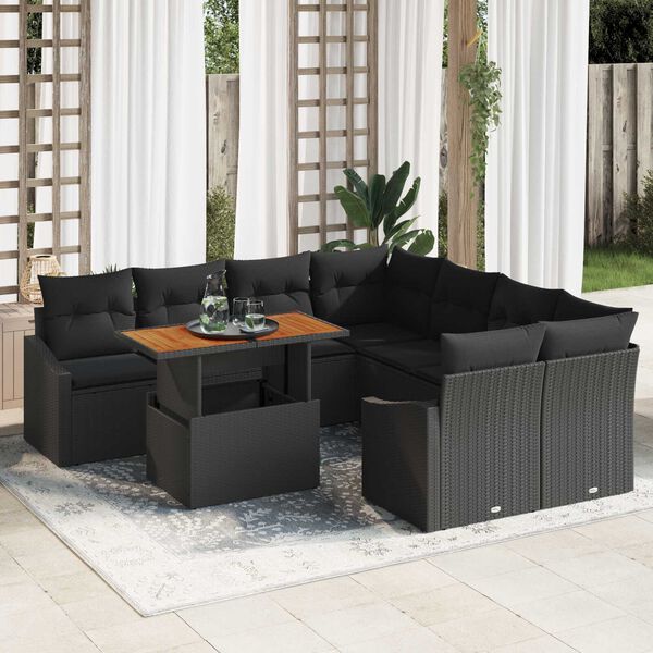 vidaXL Set Divano da Giardino con archiviazione 9 pcs Nero Poly Rattan