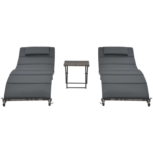 vidaXL Set Lettini da Giardino 3 pz Pieghevoli in Polyrattan Grigio