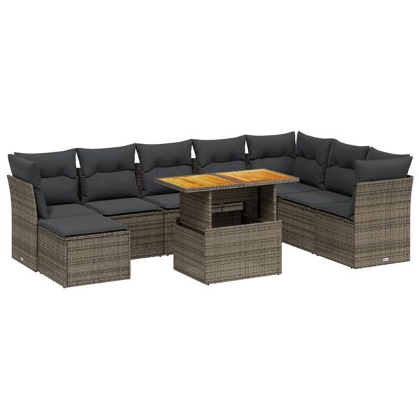vidaXL Set Divano da Giardino 9 pz con Cuscini Grigio in Polyrattan
