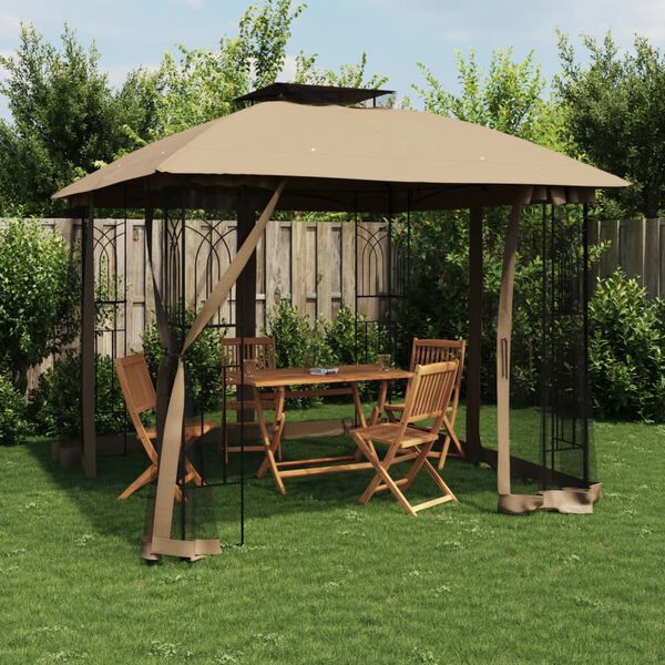 vidaXL Gazebo con Tetto Doppio/Pareti Rete Tortora 2,94x2,94 m Acciaio