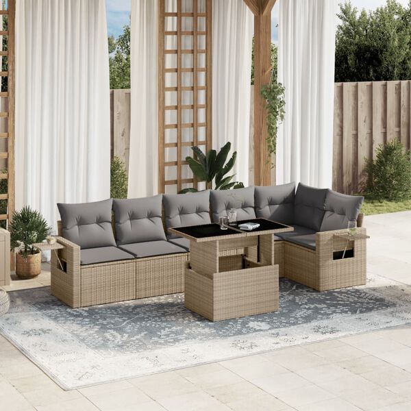 vidaXL Set Divani da Giardino 7 pz con Cuscini Beige in Polyrattan