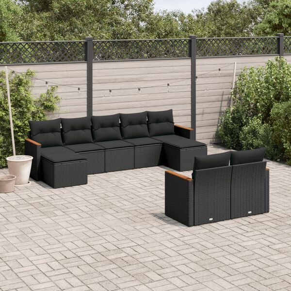 vidaXL Set Divani da Giardino 9 pz con Cuscini Nero in Polyrattan
