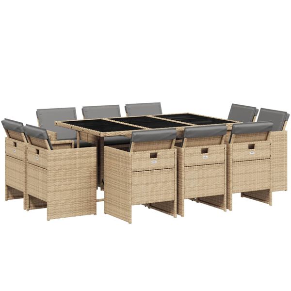 vidaXL Set Pranzo da Giardino 11 pz con Cuscini Beige Misto Polyrattan