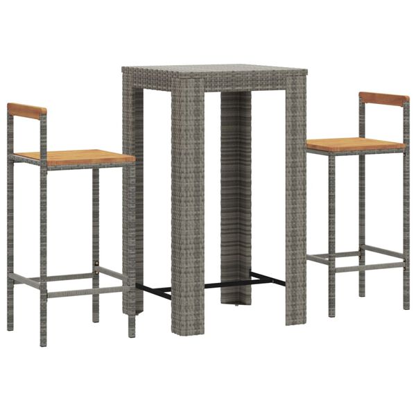 vidaXL Set Bar Giardino 3pz Grigio Polyrattan e Legno Massello Acacia
