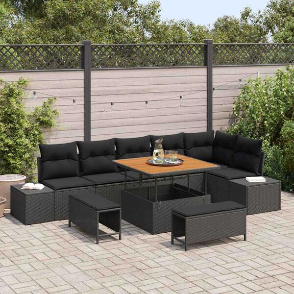vidaXL Set Divano da Giardino con cuscino 9 pcs Nero Poly Rattan
