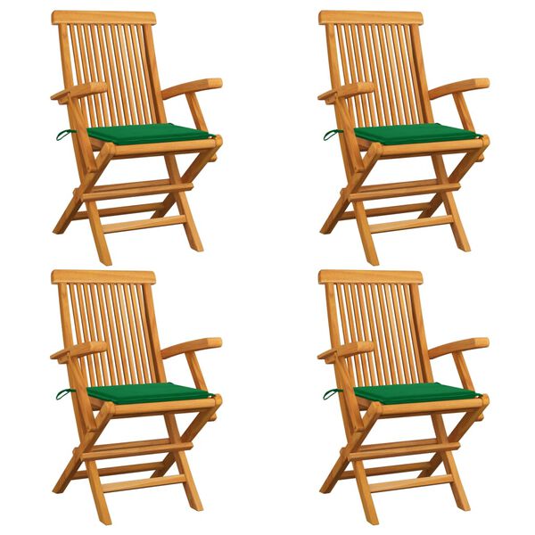vidaXL Sedie da Giardino con Cuscini Verdi 4 pz Legno Massello di Teak