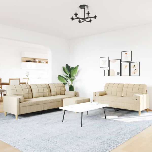 vidaXL Set Divani 3 pz con Poggiapiedi e Cuscini Crema Tessuto