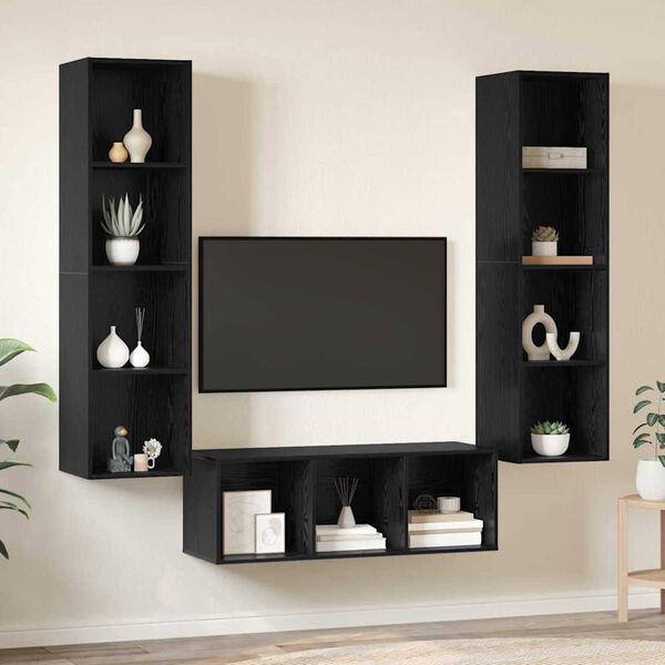 vidaXL Set mobile TV 3 pcs Rovere Nero Legno multistrato