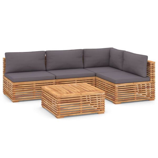 vidaXL Set Divani da Giardino 5 pz Cuscini Grigio Scuro Legno di Teak