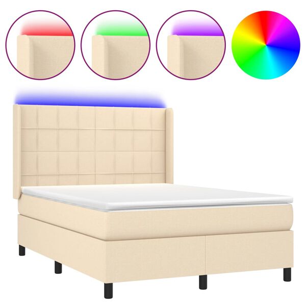 vidaXL Letto a Molle con Materasso e LED Crema 140x190 cm in Tessuto