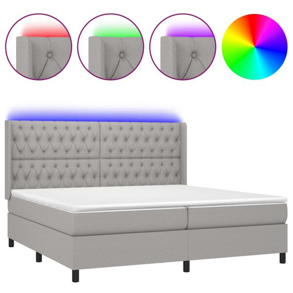 vidaXL Letto a Molle Materasso e LED Grigio Chiaro 200x200 cm Tessuto