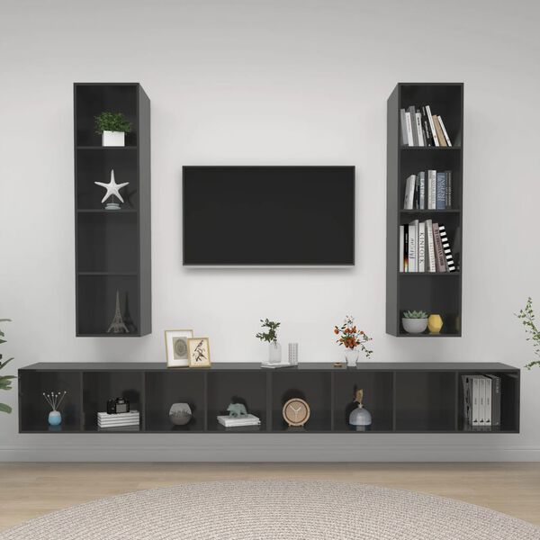 vidaXL Mobile TV a Parete 4 pz Grigio Lucido in Legno Multistrato