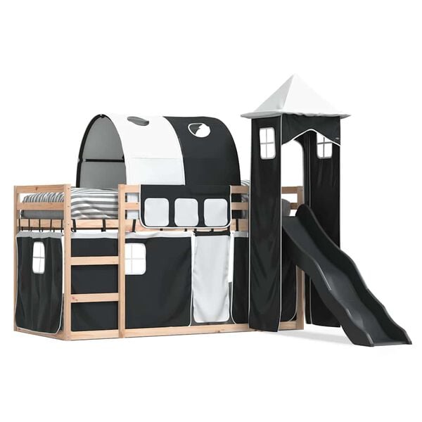 vidaXL Letto a Castello con Scivolo e Tende Bianco e Nero 80x200 cm