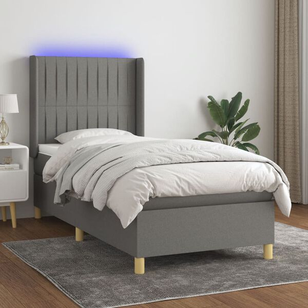 vidaXL Letto a Molle Materasso e LED Grigio Scuro 90x200 cm in Tessuto