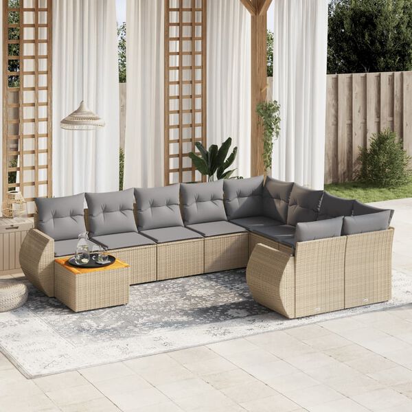 vidaXL Set Divano da Giardino 10 pz con Cuscini Beige in Polyrattan