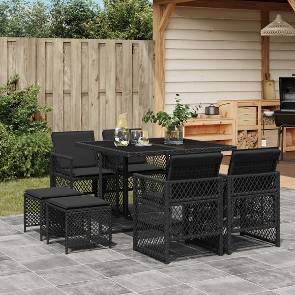 vidaXL Set da Pranzo da Giardino 9 pz con Cuscini Nero in Polyrattan