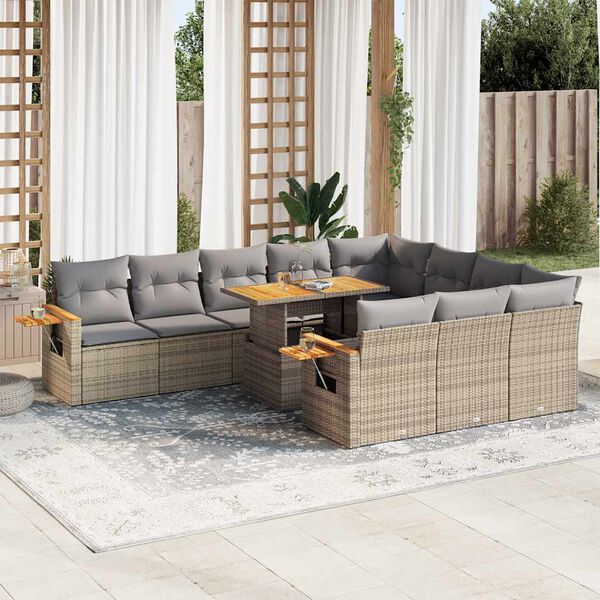 vidaXL Set Divani da Giardino 11pz con Cuscini Beige Acacia Polyrattan