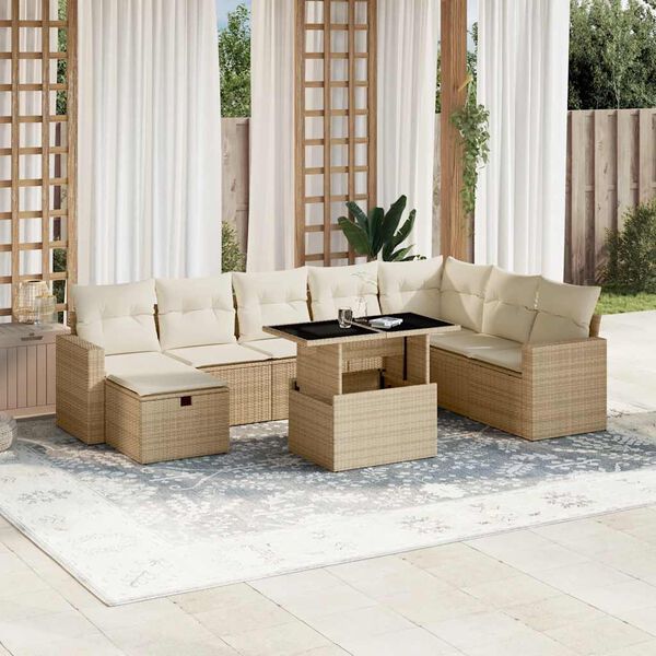 vidaXL Set Divano da Giardino 9 pz con Cuscini Beige in Polyrattan