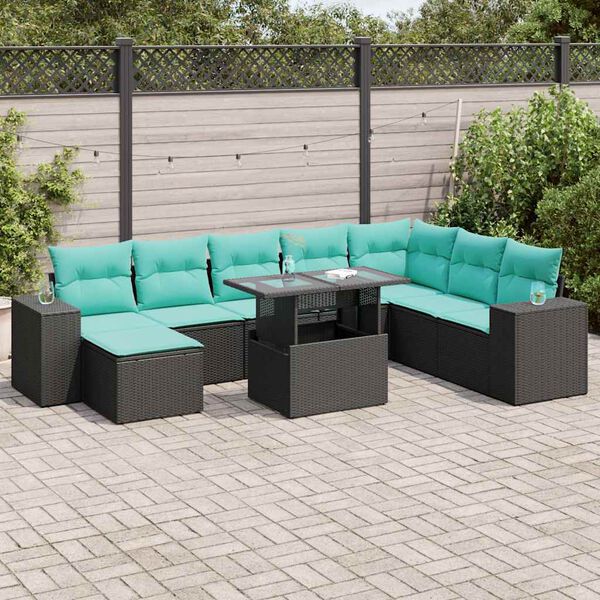 vidaXL Set Divani da Giardino 9 pz con Cuscini Nero Polyrattan Acacia