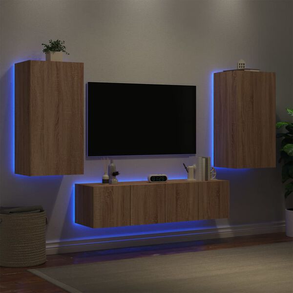 vidaXL Mobili TV a Muro con LED 4pz Rovere Sonoma Legno Multistrato