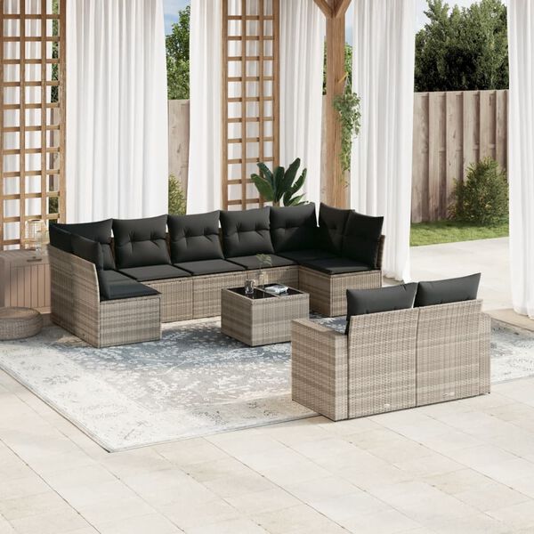 vidaXL Set Divano Giardino 10 pz con Cuscini Grigio Chiaro Polyrattan