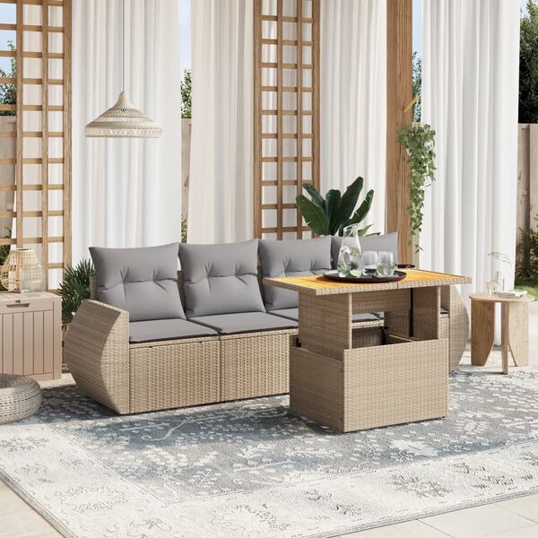 vidaXL Set Divano da Giardino 5 pz con Cuscini Beige in Polyrattan