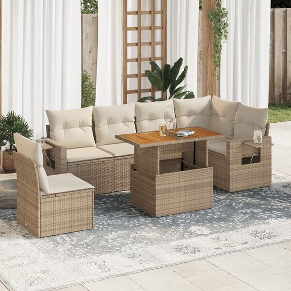 vidaXL Set Divani da Giardino 7 pz con Cuscini Beige in Polyrattan