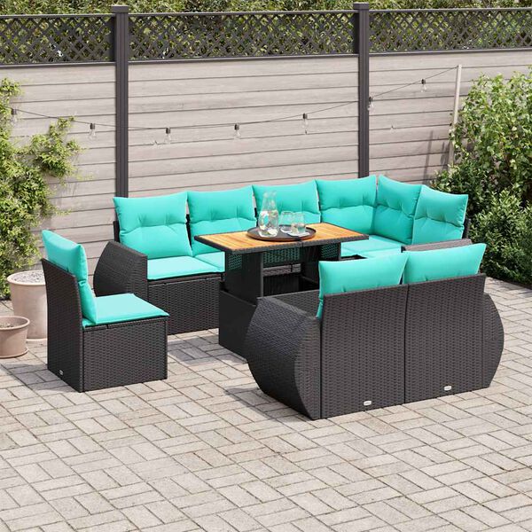 vidaXL Set Divani da Giardino 9 pz con Cuscini Nero in Polyrattan