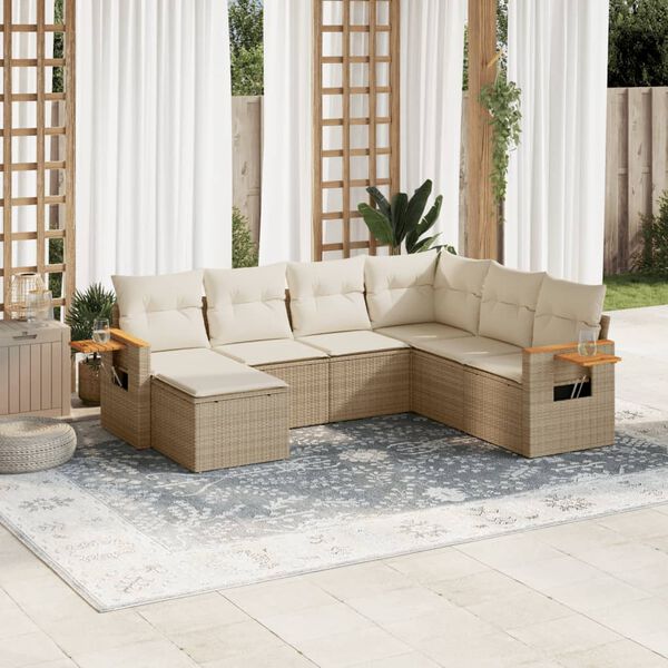 vidaXL Set Divani da Giardino 7 pz con Cuscini Beige in Polyrattan